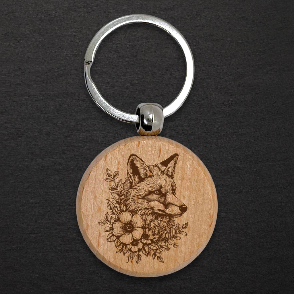 Fox 03 Wooden Keyring - Round