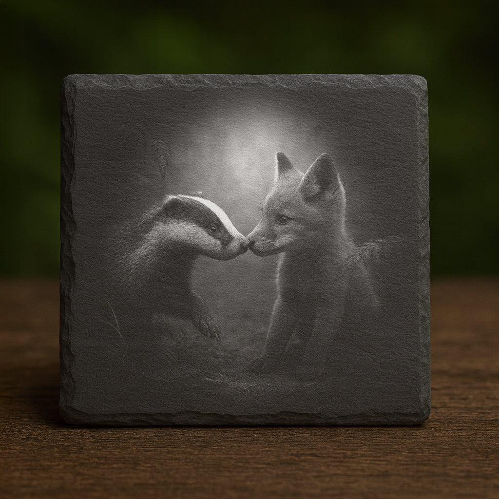 Slate Coaster - Fox and Badger 001