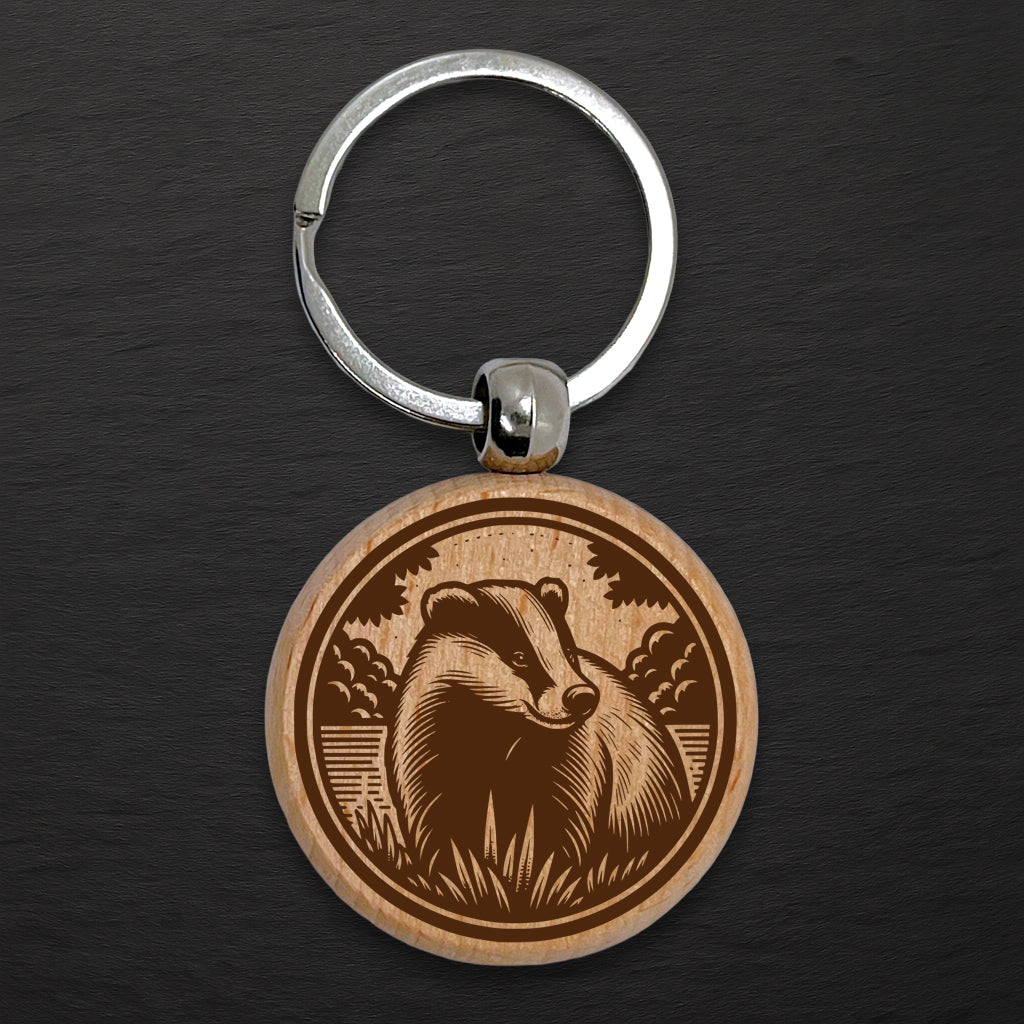Badger 01 Wooden Keyring - Round