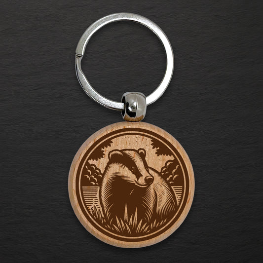 Badger 01 Wooden Keyring - Round