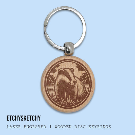Wooden Disc Keyring - Badger 001