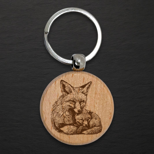 Fox 02 Wooden Keyring - Round