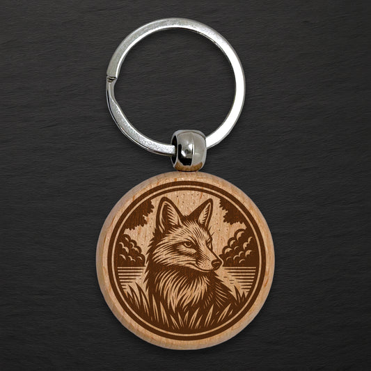 Fox 01 Wooden Keyring - Round