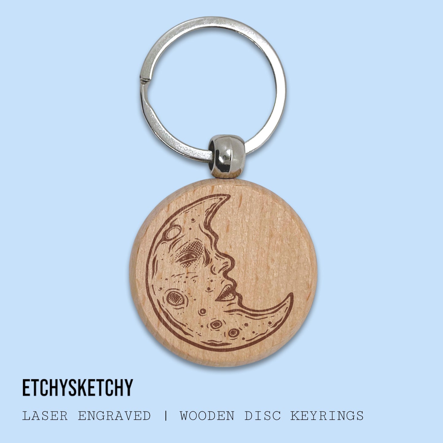 Wooden Disc Keyring - Moon 001