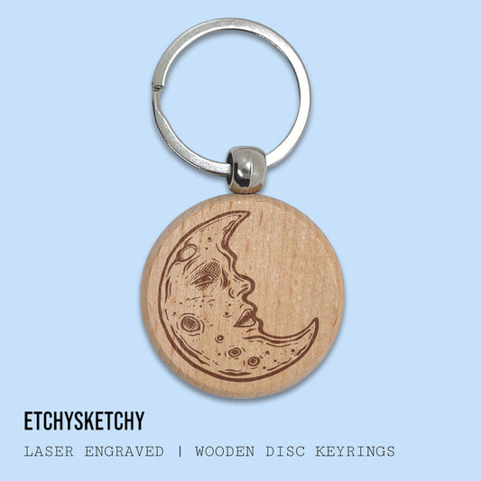 Wooden Disc Keyring - Moon 001