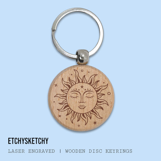 Wooden Disc Keyring - Sun 001