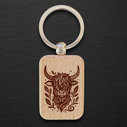 Highland Cow 01 Wooden Keyring - Rectangle