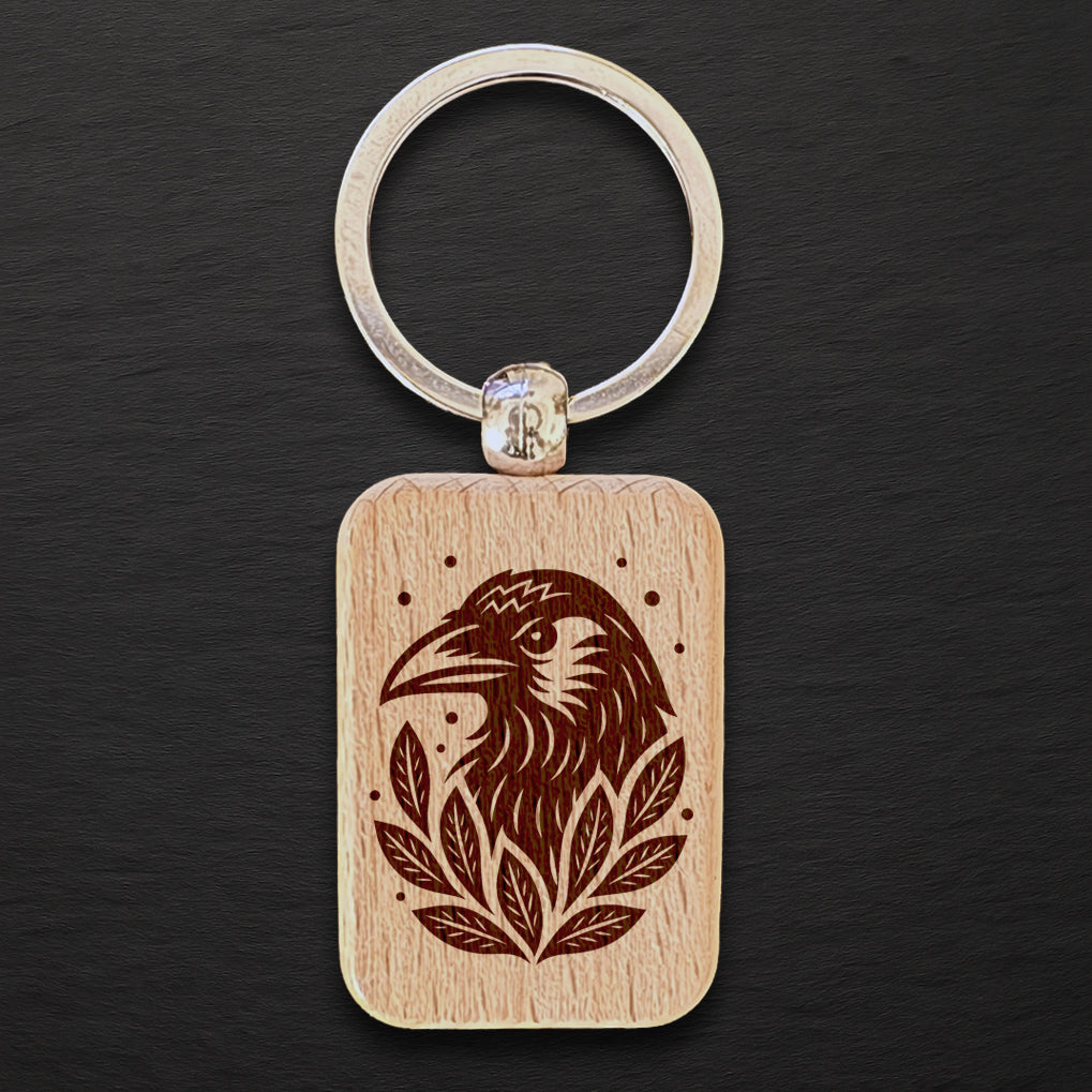 Raven 01 Wooden Keyring - Rectangle