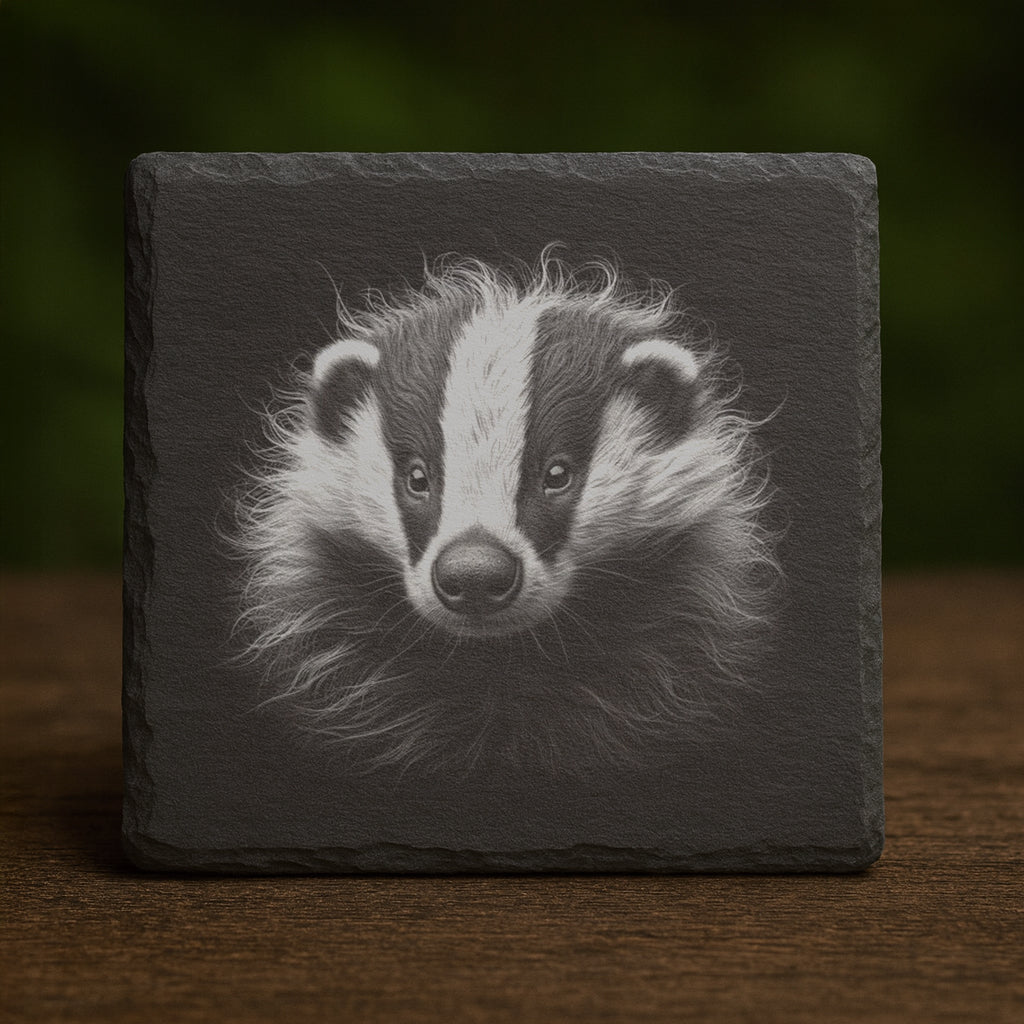 Slate coaster with a badger illustration on a dark background