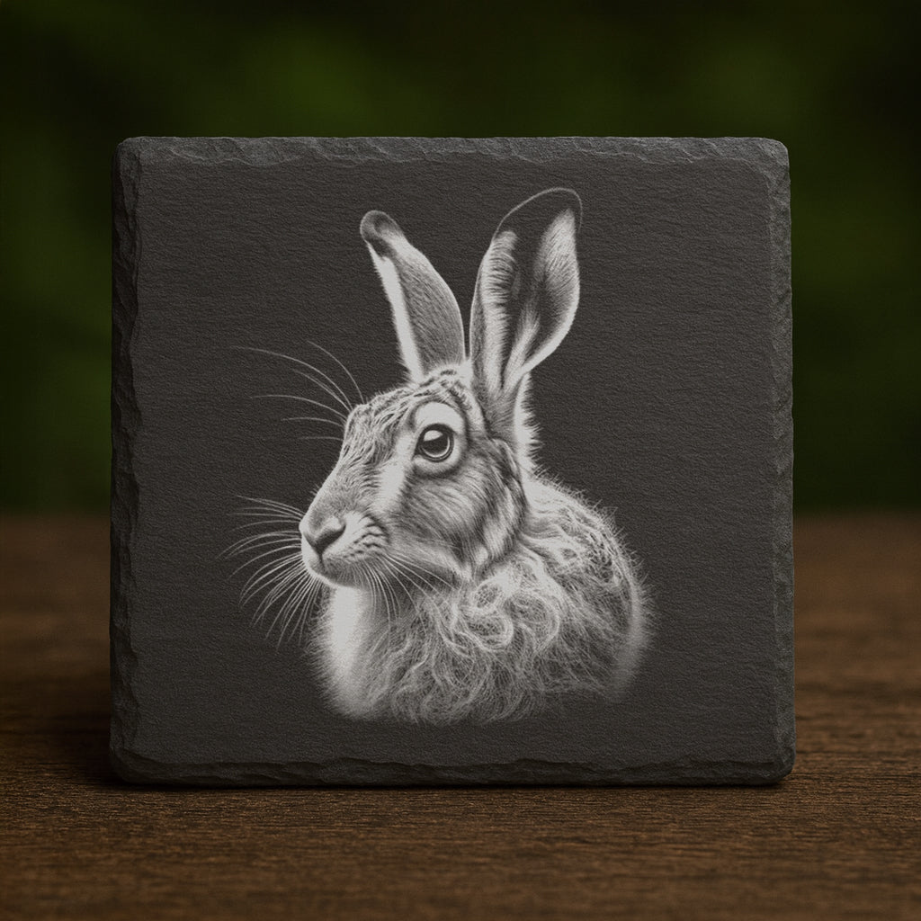 Hare slate coaster with laser engraved wildlife design on natural British slate with rubber feet