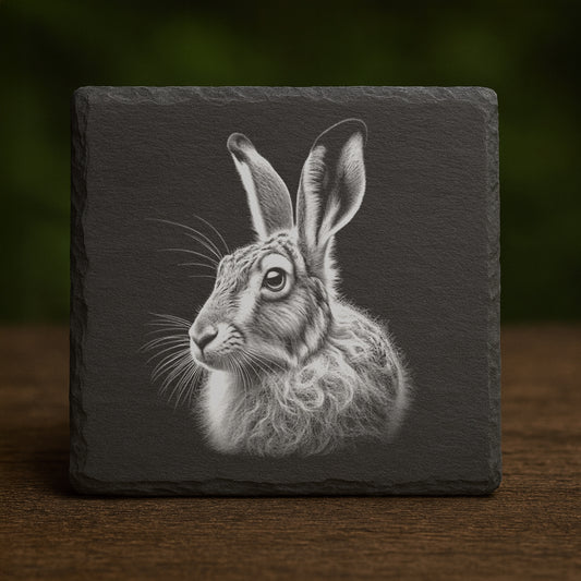 Hare slate coaster with laser engraved wildlife design on natural British slate with rubber feet